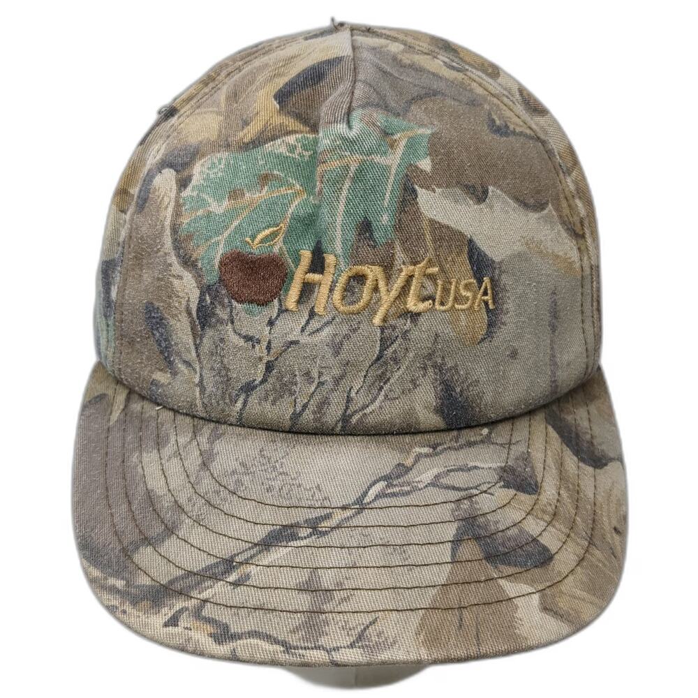 Hoyt USA 5 Panel Brown Camo Hat Made in USA Archery Hunting Apple Vintage